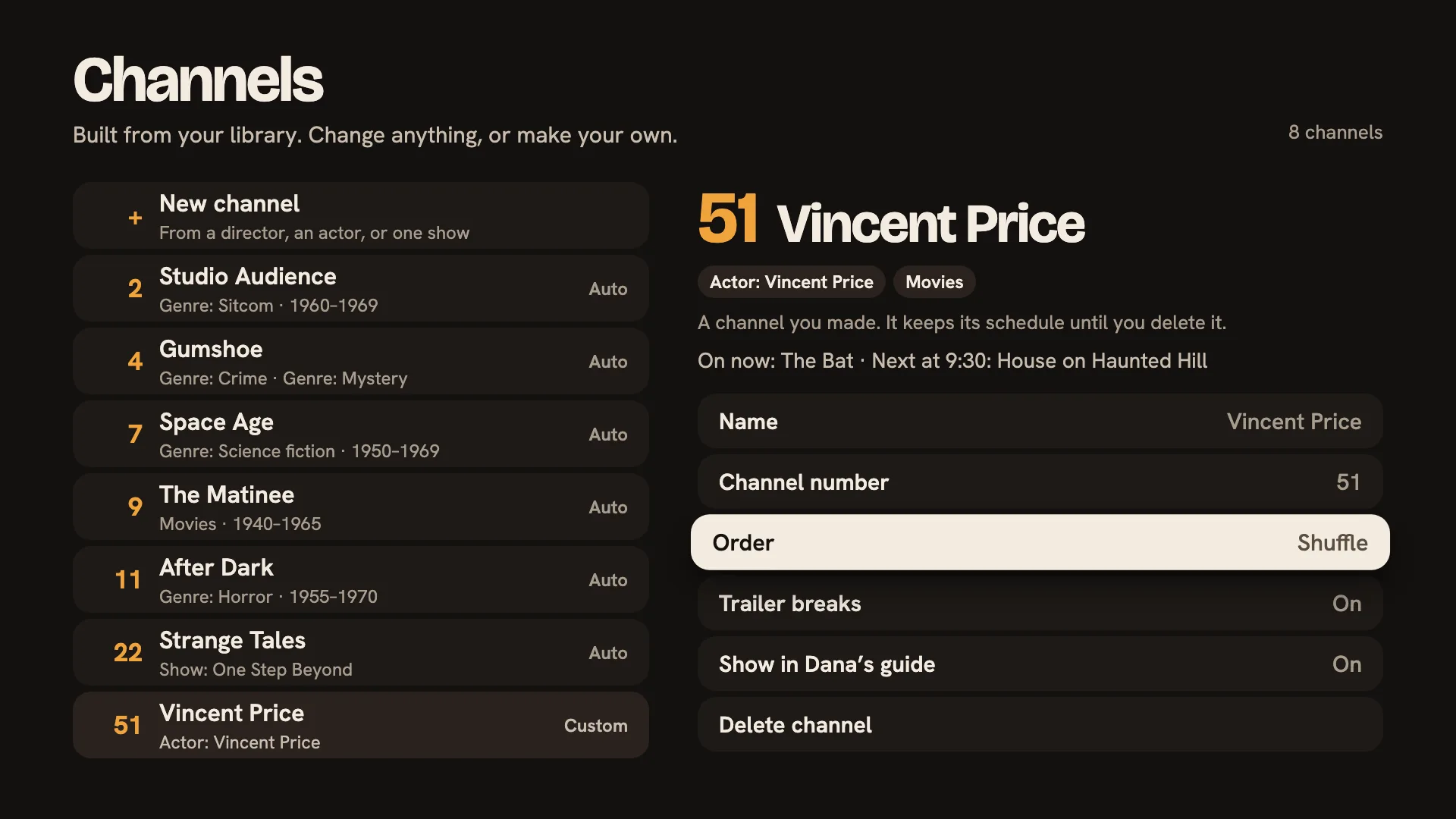 The channels list, where you add and edit your own channels.