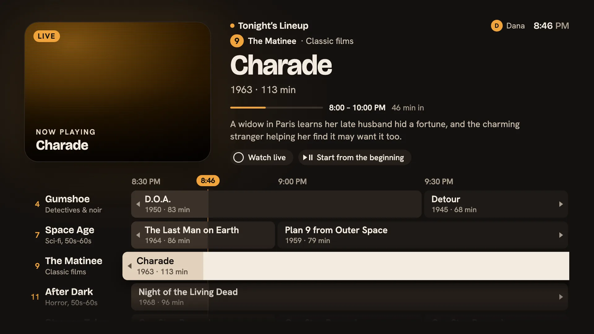 The guide: channels down the side, tonight’s programs across, with Charade on The Matinee 46 minutes in.