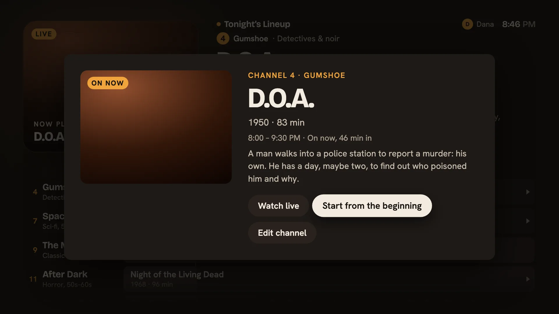 Program info for D.O.A. with Watch live and Start from the beginning buttons.
