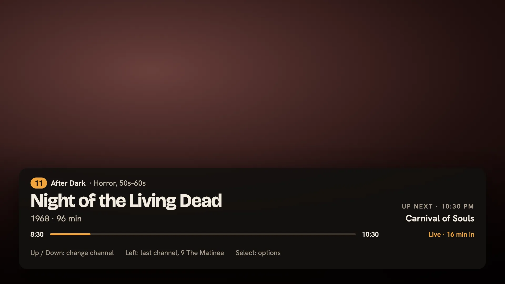 Watching Night of the Living Dead on channel 11, with the channel banner showing what’s up next.